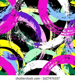 seamless background pattern, with circles, paint strokes and splashes, on black