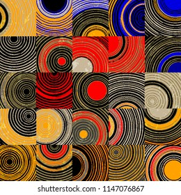 seamless background pattern, with circles, squares, strokes and splashes