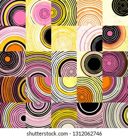 seamless background pattern, with circles, squares, strokes and splashes