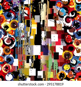 seamless background pattern, with circles, squares, strokes and splashes, grungy