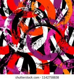 seamless background pattern, with circles, stripes, strokes and splashes, black and white