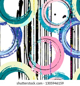 seamless background pattern, with circles, stripes, paint strokes and splashes