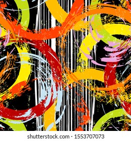 seamless background pattern, with circles, stripes, paint strokes and splashes, on black