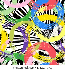 seamless background pattern, with circles, stripes, paint strokes and splashes