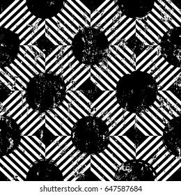 seamless background pattern, with circles, stripes, strokes and splashes, black and white