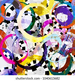 seamless background pattern, with circles, strokes and splashes, black and white, grungy