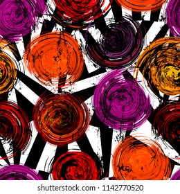 seamless background pattern, with circles, strokes and splashes, on black and white