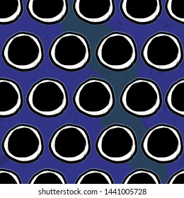 seamless background pattern, with circles, strokes and splashes, on blue