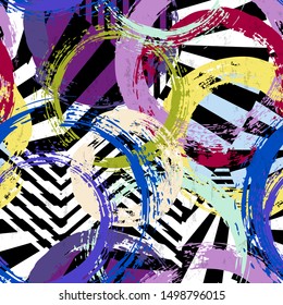 seamless background pattern, with circles, strokes and splashes, on black and white