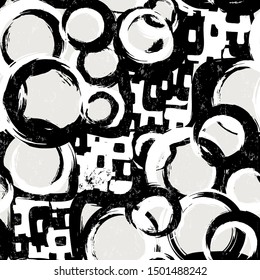 seamless background pattern, with circles, strokes and splashes, black and white