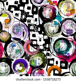 seamless background pattern, with circles, strokes and splashes, black and white