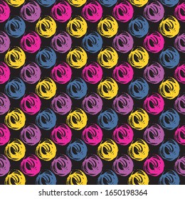 Seamless background pattern, with circles and strokes. Watercolor texture. Watercolor pattern with multicolored circles isolated on black background. Watercolor