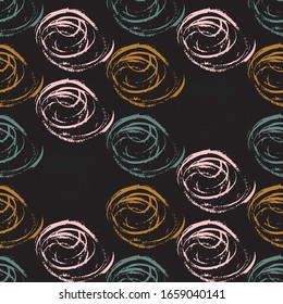 Seamless background pattern, with circles and strokes. Watercolor texture. Watercolor pattern with multicolored circles isolated on black background. Seamless pattern.
