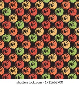 Seamless background pattern, with circles and strokes. Watercolor texture. Watercolor pattern with multicolored circles isolated on black background. Watercolor