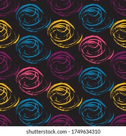 Seamless background pattern, with circles and strokes. Watercolor texture. Watercolor pattern with multicolored circles isolated on black background. Watercolor