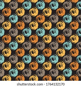 Seamless background pattern, with circles and strokes. Watercolor texture. Watercolor pattern with multicolored circles isolated on black background. Watercolor