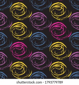 Seamless background pattern, with circles and strokes. Watercolor texture. Aquarelle spots with ink circles hand drawn with dry brush. Seamless pattern.