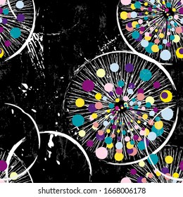 seamless background pattern, with circles/dots, lines, strokes and splashes, on black