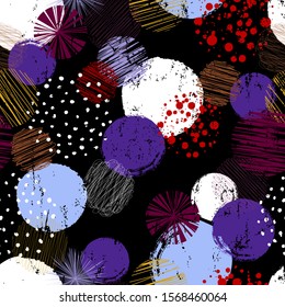 seamless background pattern, with circles/dots, strokes and splashes, on black