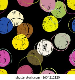 seamless background pattern, with circles/dots, strokes and splashes, grungy, on black