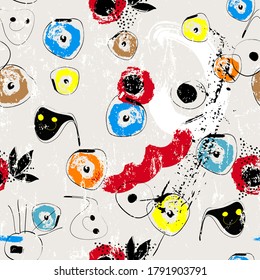 seamless background pattern, with circles/dots, strokes and splashes, art inspired