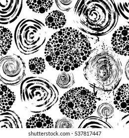 seamless background pattern, with circles/dots, strokes and splashes, black and white