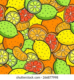 Seamless background with a pattern of citrus fruits. Orange, lemon, mandarin, lime, grapefruit.