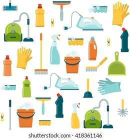 Seamless background pattern with cleaning washing housework tools sponge broom bottle vacuum cleaner gloves vector illustration