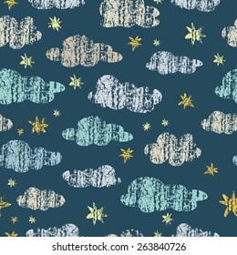 Seamless background with a pattern of clouds and stars. Grunge texture. The night sky. Vector.