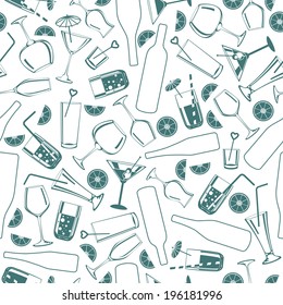 Seamless background pattern with cocktail glasses, wine glasses and bottles