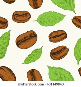 Seamless background pattern. Coffee beans. Hand drawn illustration.  Colored version. Vector - stock.