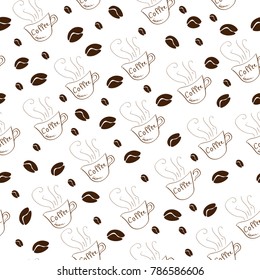 seamless background with a pattern of coffee beans and a cup of coffee from which the steam comes, a pattern with a coffee drink for the restaurant menu and with letters