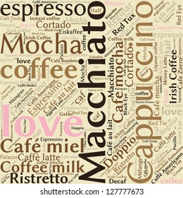 Diseño de fondo sin problemas café, espresso, cappucccino, macchiato, nube de palabras, concepto de negocio de texto en nube. Collage de palabras. Ilustración vectorial.