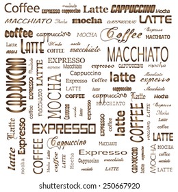 Seamless background pattern coffee, espresso, cappuccino, macchiato, Word cloud, tag cloud text business concept. Word collage. Vector illustration.