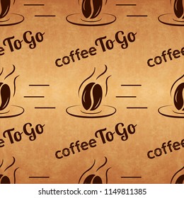 Seamless background pattern coffee. Coffee to go, hot drink or cafeteria icon, fresh steaming drink, a cup of coffee, coffee enjoy