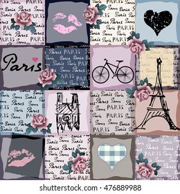 Seamless background pattern. Collage in retro scrapbook style with original inscriptions word of Paris.