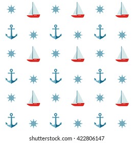 Seamless background pattern with colored anchors helms and sailboats on white background vector illustration