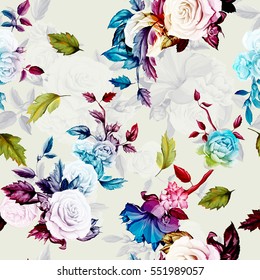 Seamless background pattern of colored  peony, roses with leaves on white. Vector - stock.