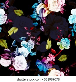 Seamless background pattern of colored  peony, roses with leaves on black. Vector - stock