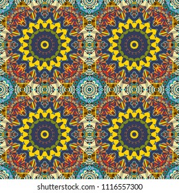 Seamless background pattern. Colorful flowers with plumage in red, green and beige colors.