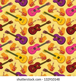 Seamless background, pattern of colorful guitars and cartoon teddy bears musicians. Vector