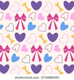 Padrão de fundo perfeito com corações e arcos coloridos. Uma doce ilustração romântica para o Dia dos Namorados, cartões de casamento, papel de embrulho, design têxtil ou tecido. Vetor.