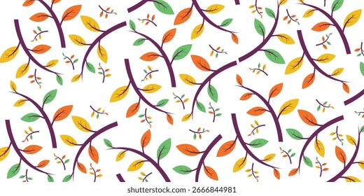 Seamless background pattern of colorful leaves and twigs. Nature banner template. Plants and flowers