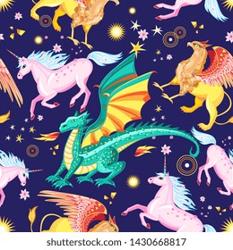 Seamless background pattern of colorful mystical creatures on blue with decorations showing a dragon snorting fire, griffin and galloping unicorn for print, tiles and wallpaper