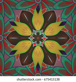 Seamless background. Seamless pattern with colorful paisley, flowers and decorative elements. Vector illustration. Vintage retro style. For print on fabric, textiles, wallpaper.