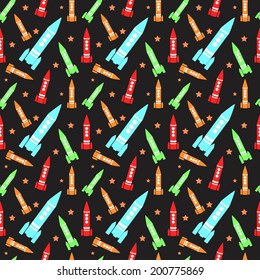 Seamless background pattern with colorful planets rockets