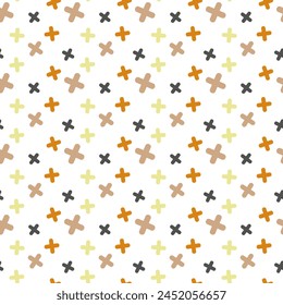 Seamless background pattern, colorful plus symbols of different sizes and opacity. illustration on white background, vector patterns made with plus sign.