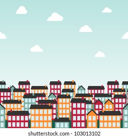 Seamless background pattern with colorful town. Vector illustration.