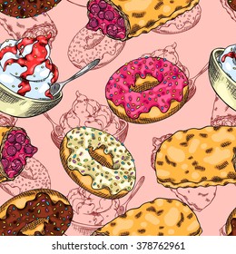 Seamless background with a pattern of confection. Dessert: berry pie, ice cream with topping of syrup and donuts with strawberry, chocolate and vanilla icing.