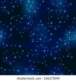 Seamless background pattern. Constellations of hearts on night sky.